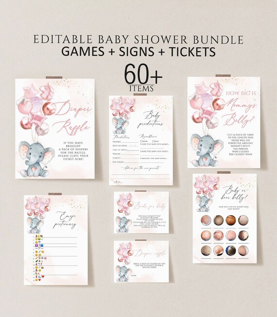 Elephant Baby Shower Games Printable Game Bundle Pink Elephant - Etsy