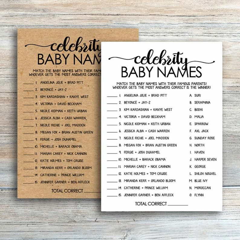 Celebrity Baby Name Game Celebrity Baby Shower Rustic Baby Etsy