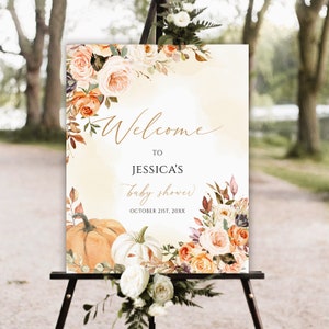 Fall Baby Shower Welcome Sign, Floral Pumpkin Baby Shower Welcome Sign, Little Pumpkin Baby Shower Welcome , editable template download f1
