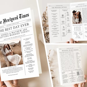 May include: A wedding announcement newspaper template with a black and white design. The front page features a photo of a couple and the headline "The Best Day Ever". The back page includes a wedding timeline, a wedding word search, and a love story.