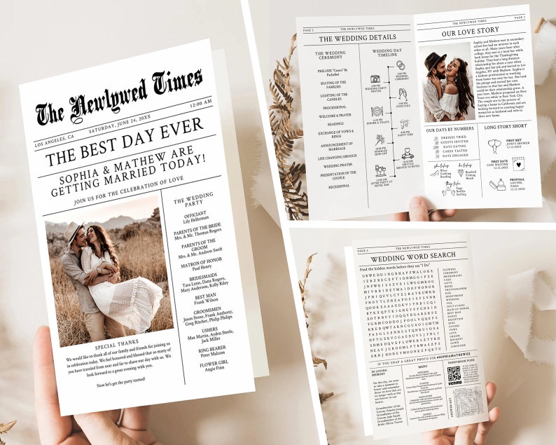 May include: A wedding announcement newspaper template with a black and white design. The front page features a photo of a couple and the headline "The Best Day Ever". The back page includes a wedding timeline, a wedding word search, and a love story.