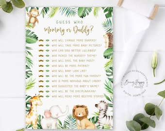 Könnte beinhalten: Ein druckbares Babyparty-Spiel mit Dschungel-Thema. Das Spiel fordert die Gäste auf zu erraten, wer bestimmte Dinge tun wird, wie z. B. mehr Windeln wechseln oder mehr Gute-Nacht-Geschichten vorlesen, Mama oder Papa. Das Spiel hat ein grün-goldenes Farbschema mit Illustrationen eines Affen, eines Igels, einer Giraffe, eines Elefanten, eines Löwen und eines Zebras.