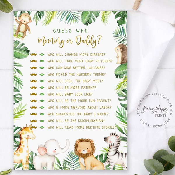 Printable Guess Who Mommy Or Daddy Game, Jungle Baby Shower Game, Safari Baby Shower Games, Jungle Animals Baby Shower,Gender Neutral,uj257