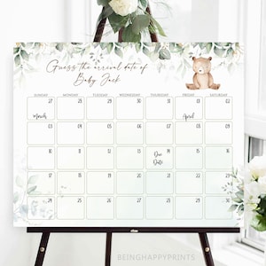 Boho Teddy Bear Baby Due Date Calendar,Guess Baby&#39;s Birth Date,Guess Baby Birthday Calendar,Guess Baby&#39;s Birthday,Due Date Game,Pampas Grass
