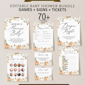 May include: A selection of printable baby shower games, signs, and tickets. The designs feature watercolour pumpkins and floral accents. Text includes "How Big is Mommy's Belly?" and "Diaper Raffle".