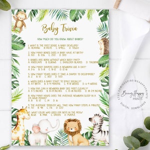 Baby Quiz Spiel, Baby Shower Quiz, Safari Baby Shower Spiele zum ausdrucken, Dschungel Baby Shower, Dschungel Tiere Baby Party Spiel Karten uj211