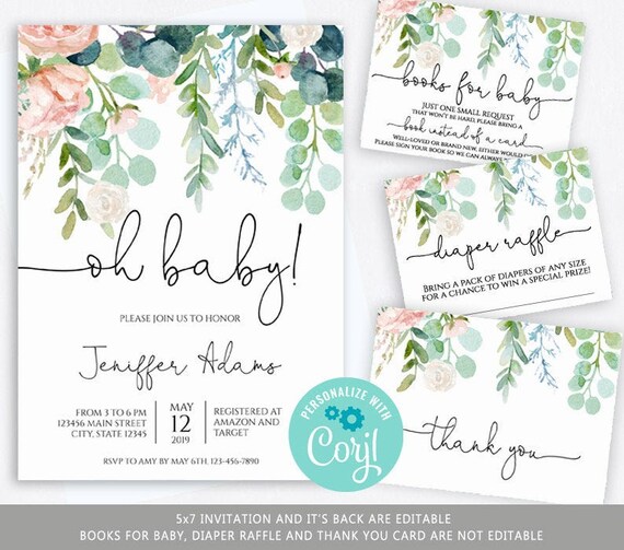 Instant access 002HPA 05 EDITABLE Floral blush pink diaper raffle book request eucalyptus books for baby confetti cards Pumpkin party
