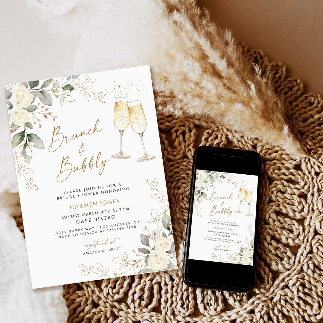 Greenery Brunch and Bubbly Bridal Shower Invitation, Floral Bridal ...