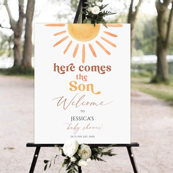 Here Comes the Son Welcome Sign Template, Sun Baby Shower Welcome Sign, Modèle modifiable, Sunshine baby shower Welcome Sign, Sun Welcome