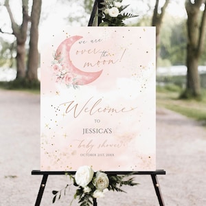 Baby Shower Willkommensschild, We are over the Moon Baby Shower Willkommensschild, Mädchen, Pink Floral Welcome Poster, Pink Twinkle Little Star Sign