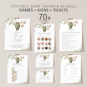 Baby Clothes Baby shower games Bundle, Boho Baby Shower games download, sage green clothes baby Shower games template, Clothes line Laundry