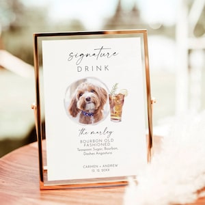 Signe de boisson de signature de chien, signe de cocktail de signature d'animal familier, signe minimaliste de barre de mariage, signe de cocktail de signature de chien, modèle modifiable, menu de barre
