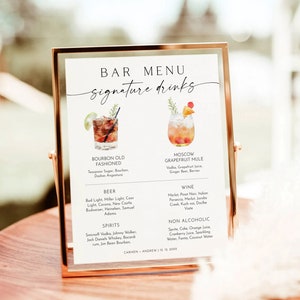 Bar Menu Template, Modern Editable Drink Menu Template, Minimalist Printable Bar Menu, Signature Drinks Sign, Wedding bar menu sign download