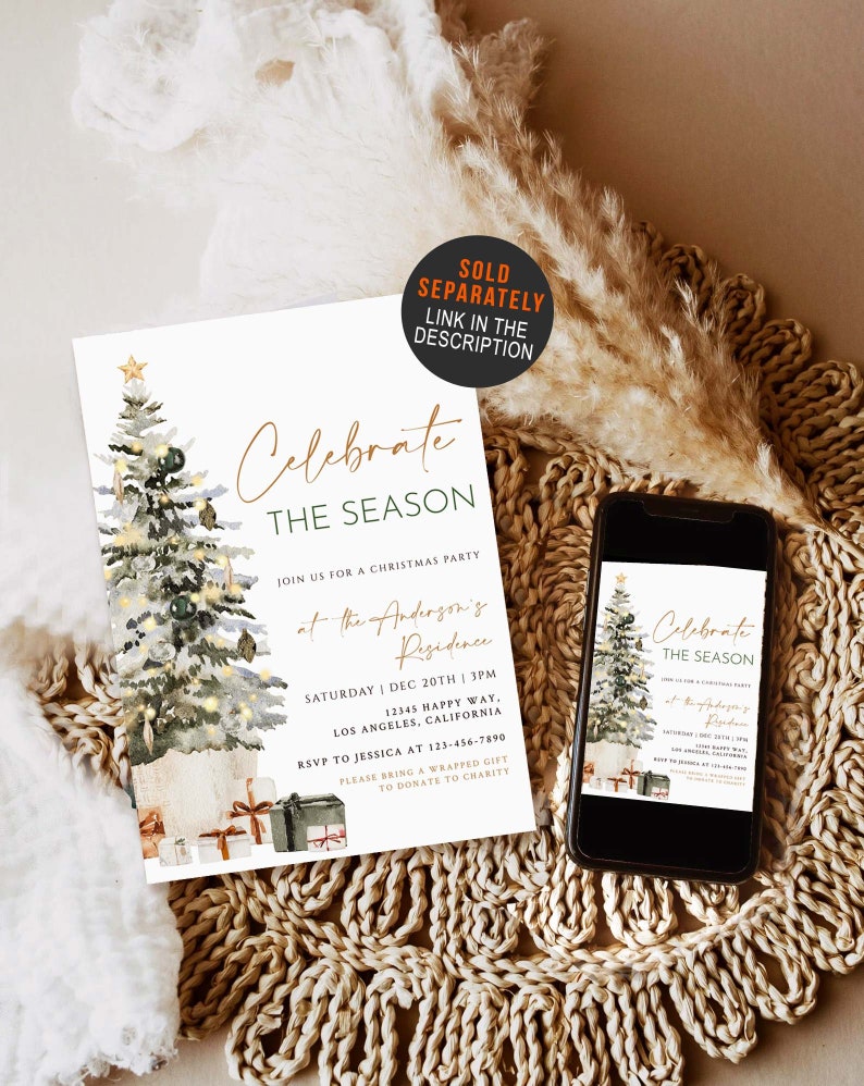 May include: A Christmas party invitation with a watercolor Christmas tree design. The invitation reads "Celebrate the Season" and includes party details. A smartphone displays the same design.