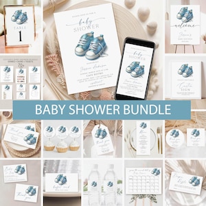 Blue shoes baby shower Invitation bundle, Blue Booties Baby Shower Games and Invite, Welcome Sign, editable denim sneakers Boy baby shower