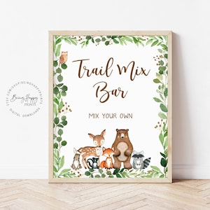 Trail Mix Bar Signo Woodland Trail Mix Signo Baby Shower Signo imprimible Signo de cumpleaños Verde Bosque Animales Cumpleaños Decoración Signo uj213