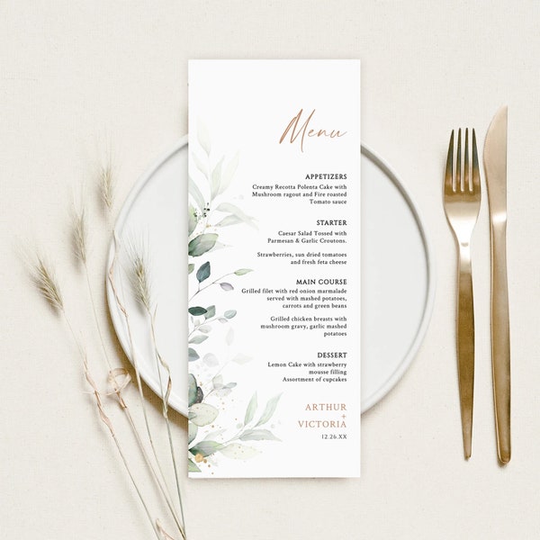 Minimalist Menu Template, Printable Modern & Simple Wedding Dinner Menu Card, Wedding menu template, Greenery wedding menu printable, menu