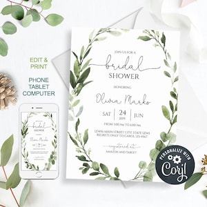 TRY BEFORE You BUY! Bridal Shower Invitation Template, 100% Editable Invite Template, Instant Download, Geometric, Gold, Greenery, byh96