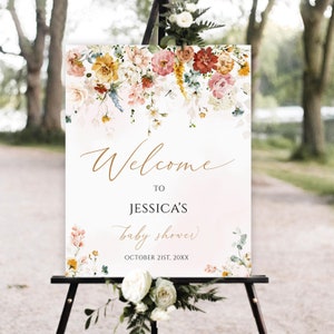 Baby-Dusche-Willkommens-Schild, Blumen-Baby-Dusche-Willkommensschild, Mädchen-Baby-Dusche-Zeichen, rosa Blumen-Willkommens-Poster, Boho-Rosa-Blumen-Willkommensschild