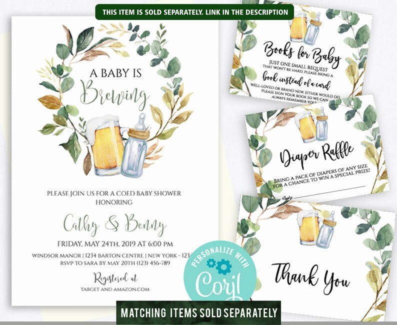 May include: A baby shower invitation with a watercolor wreath of green leaves and a beer bottle and baby bottle in the center. The text reads "A Baby is Brewing" and "Please join us for a coed baby shower honoring Cathy & Benny". The date and time of the shower are listed as "Friday, May 24th, 2019 at 6:00 PM". The location is listed as "Windsor Manor | 1234 Barton Centre | New York - 123". The RSVP information is listed as "RSVP to Sara by May 20th (123) 456-789". The registry information is listed as "Registered at Target and Amazon.com".