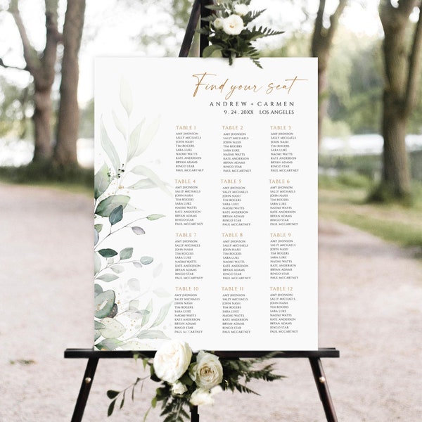Greenery Wedding Seating Chart Template, Eucalyptus Wedding Seating Printable, Wedding Seating Chart Sign, Wedding seating plan download