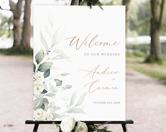 Greenery Wedding Welcome Sign Template, Floral Printable (Digital Download)