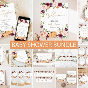 Fall Baby Shower Invitation Bundle, Pumpkin floral Baby Shower Invite, Boho Baby Shower Invite, A Little Pumpkin is on the Way invitation