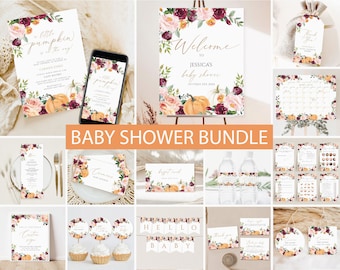 May include: A baby shower bundle featuring various stationery items with a fall theme. The designs include invitations, welcome signs, thank you cards, and cupcake toppers. The color palette includes orange pumpkins, burgundy flowers, and gold accents. The text "Baby Shower Bundle" is displayed.