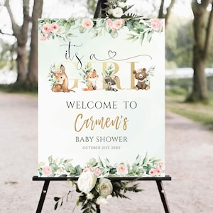 Woodland baby shower welkom teken, welkom teken, meisje, baby shower teken, bos dieren baby shower, groen babyshower, afdrukbaar teken