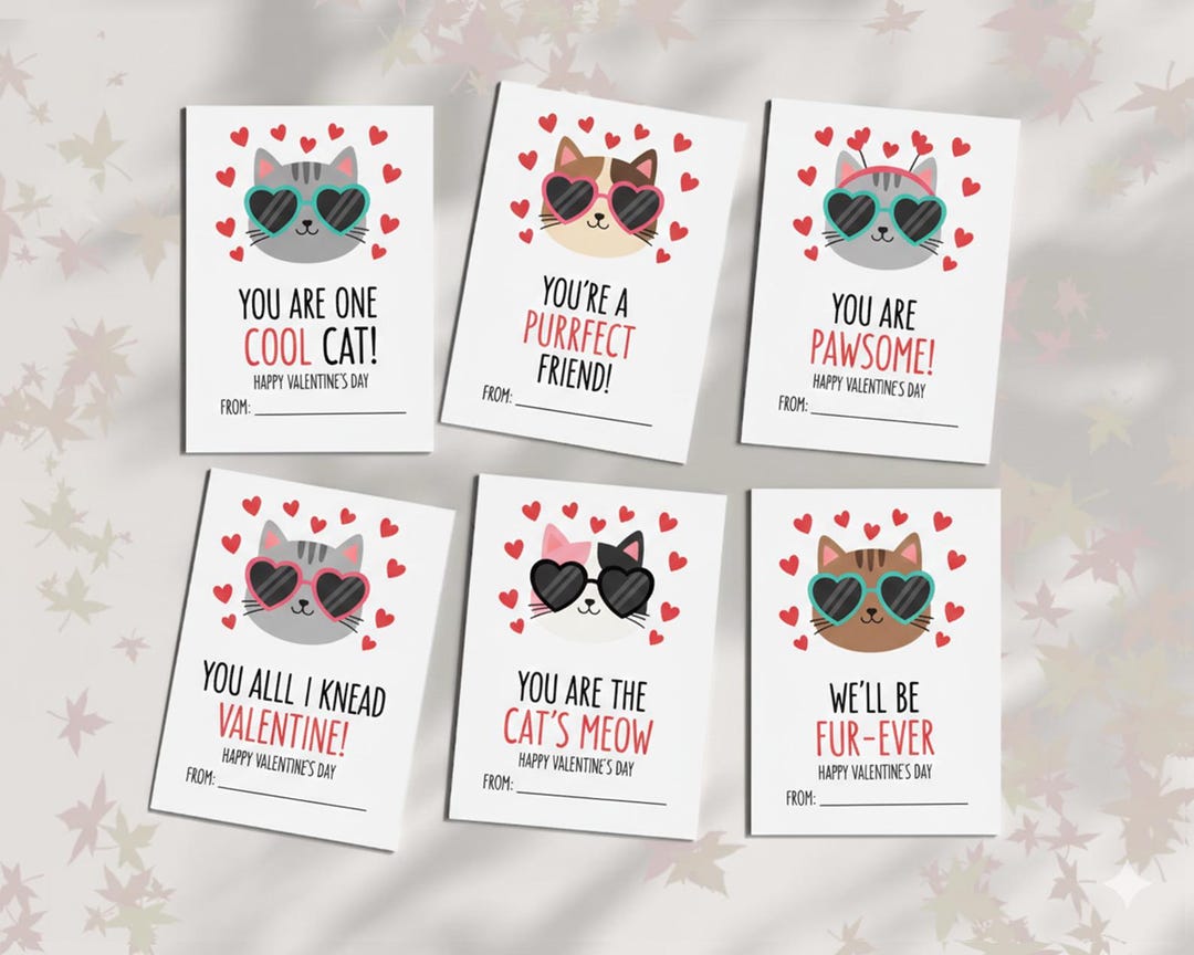 Cat Pun Valentine's Day Cards, Classroom Gift Tags (digital Download ...