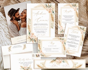 pampas grass Wedding Invitation Set, Printable Wedding Invitation template, Wedding invitation, Photo Wedding Invitation, Boho Wedding suite