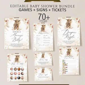 May include: Printable baby shower game cards with a highland cow theme. The cards include games like "How Big is Mommy's Belly?" and "Baby Predictions".