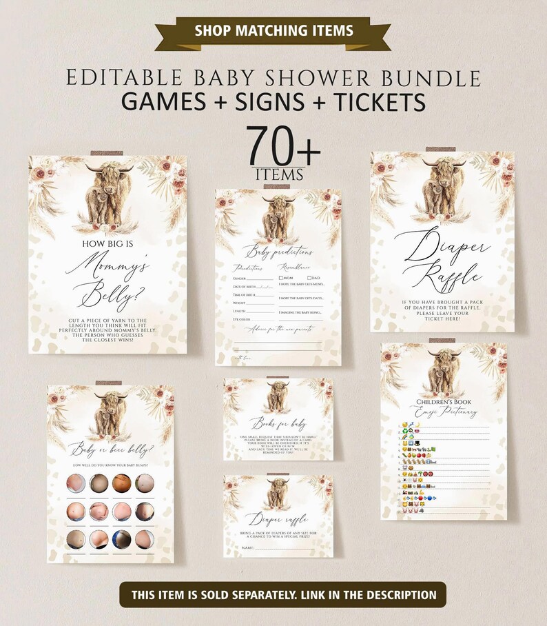 May include: Printable baby shower game cards with a highland cow theme. The cards include games like "How Big is Mommy's Belly?" and "Baby Predictions".