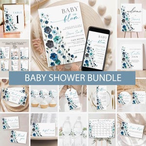 Editable Blue Floral Baby Shower Invitation Bundle, Wildflower Baby Shower Games, Blue flowers Baby Shower Invite, Welcome Sign Download