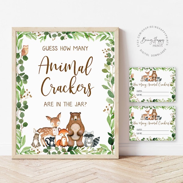 Guess How Many Animal Crackers Game, Woodland Baby Shower Game,Woodland Animals Baby Shower Games Printable,Greenery,Instant Download