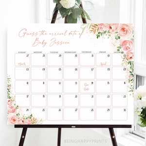 Pink Floral Baby Due Date Calendar, Guess Baby's Birth Date,Guess Baby Birthday Calendar,Guess Baby's Birthday,Baby Prediction,Due Date Game