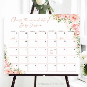 Calendrier de date d'échéance de bébé floral rose, devinez la date de naissance de bébé, calendrier d'anniversaire de bébé devinez, devinez l'anniversaire de bébé, prédiction de bébé, jeu de date d'échéance