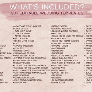 Pode incluir: Uma lista de verifica&ccedil;&atilde;o de casamento imprim&iacute;vel rosa e branca com o texto "What's Included? 90+ Editable Wedding Templates" no topo. A lista de verifica&ccedil;&atilde;o inclui uma variedade de itens relacionados ao casamento, como cart&otilde;es e presentes, placas de conselhos e desejos, uma esta&ccedil;&atilde;o de tatuagem, uma &aacute;rvore de convidados e uma despedida de fogos de artif&iacute;cio.