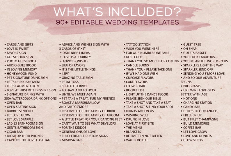 Pode incluir: Uma lista de verifica&ccedil;&atilde;o de casamento imprim&iacute;vel rosa e branca com o texto "What's Included? 90+ Editable Wedding Templates" no topo. A lista de verifica&ccedil;&atilde;o inclui uma variedade de itens relacionados ao casamento, como cart&otilde;es e presentes, placas de conselhos e desejos, uma esta&ccedil;&atilde;o de tatuagem, uma &aacute;rvore de convidados e uma despedida de fogos de artif&iacute;cio.