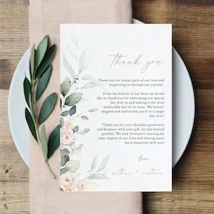 Plantilla de carta de agradecimiento, nota de agradecimiento de recepción de boda, descarga instantánea, imprimible en lugar de tarjeta de favor, carta de agradecimiento totalmente editable