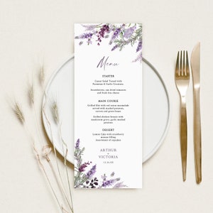 Modello di menu di nozze, menu di nozze alla lavanda, menu di nozze moderno, menu di nozze stampabile, modello di menu floreale, download istantaneo