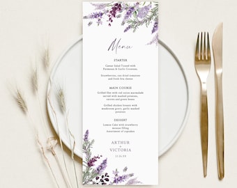 Wedding Menu Template, Lavender wedding Menu, Modern Wedding Menu, Printable Wedding Menu, Floral Menu Template, Instant Download