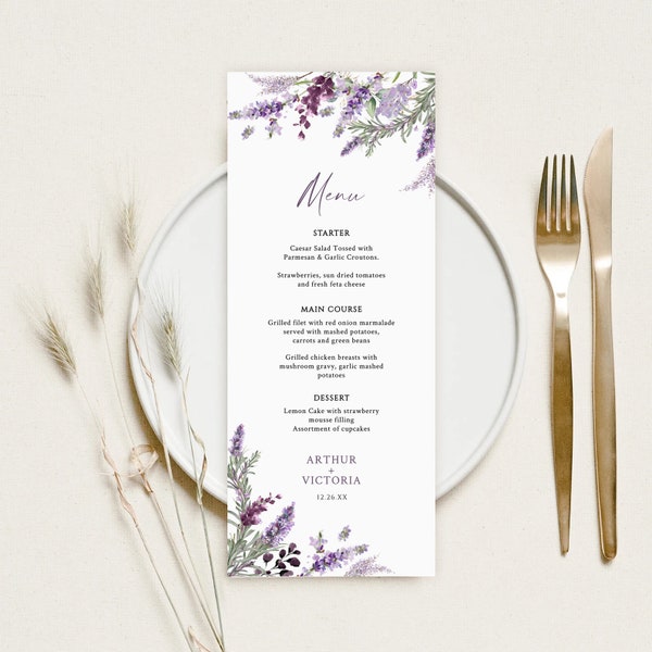 Wedding Menu Template, Lavender wedding Menu, Modern Wedding Menu, Printable Wedding Menu, Floral Menu Template, Instant Download