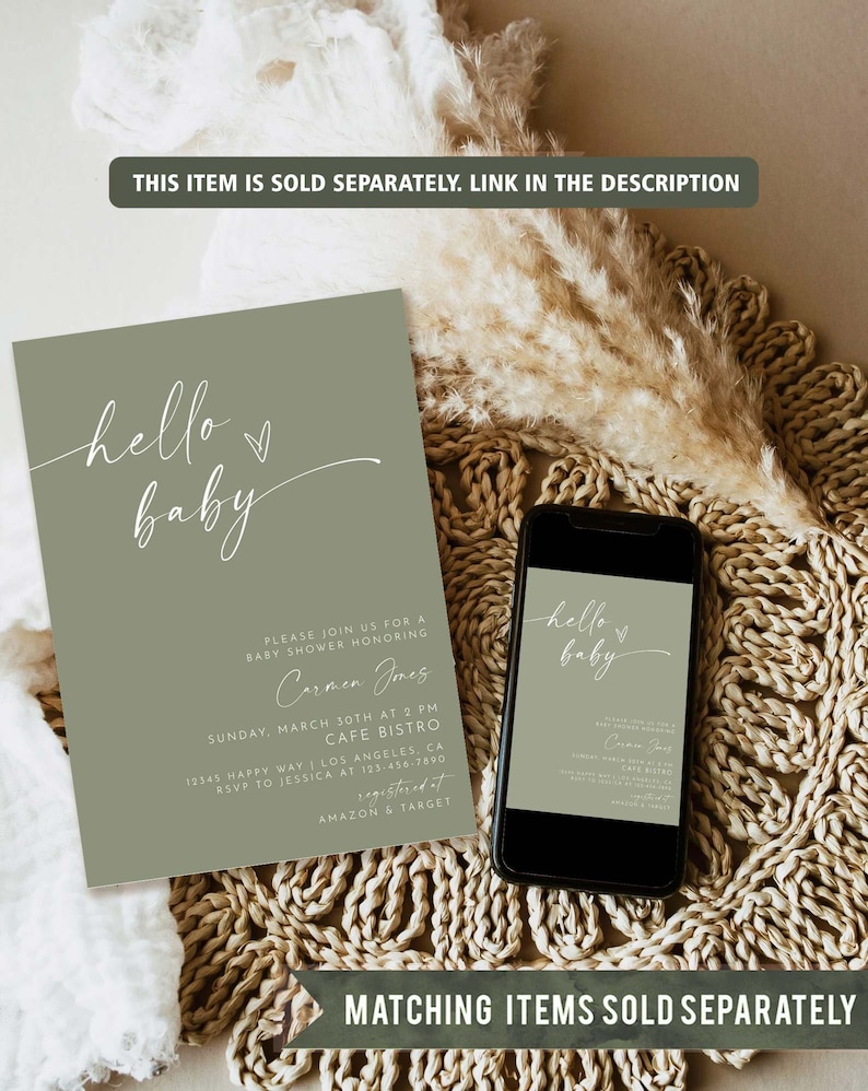 May include: A green and white baby shower invitation with the text "hello baby" in a script font. The invitation includes details for a baby shower honoring Carmen Jones, including the date, time, location, and RSVP information. The invitation also includes the text "registered at Amazon & Target".