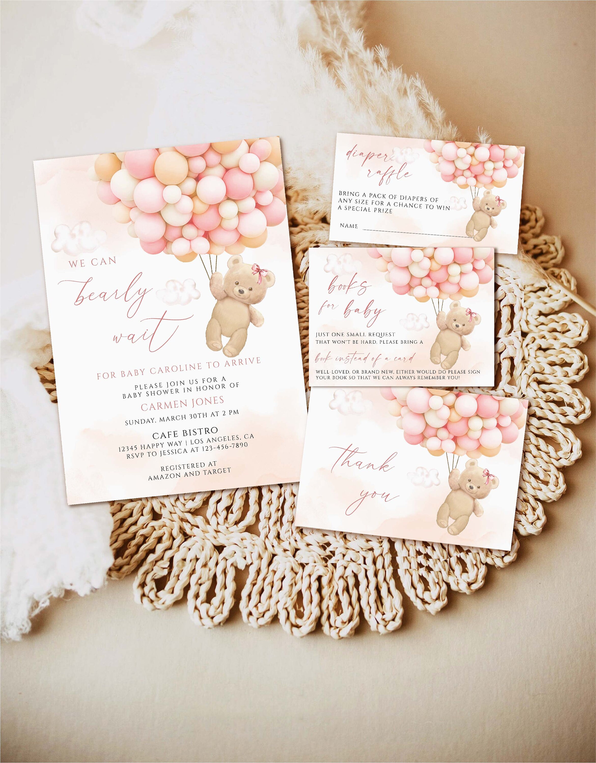 Pink Teddy Bear Baby Shower Invitation Bundle (editable) - Etsy