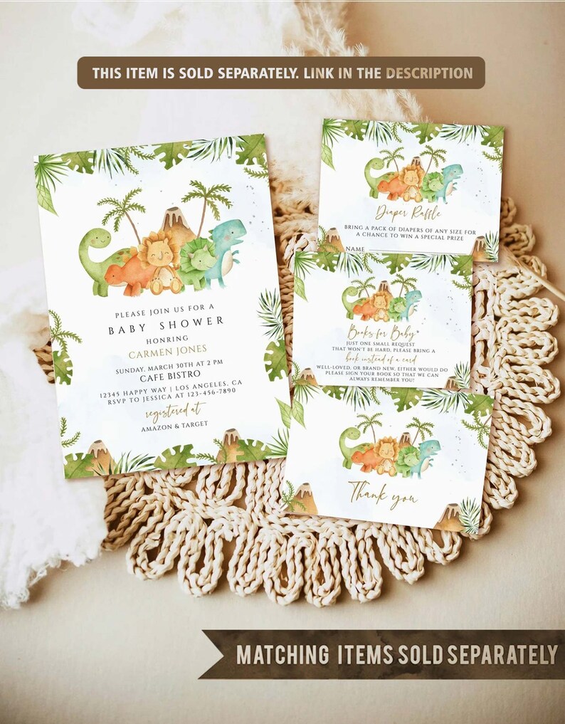 May include: A green, brown, and yellow baby shower invitation with a dinosaur theme. The invitation features a volcano, palm trees, and dinosaurs. The text on the invitation reads "Please join us for a baby shower honoring Carmen Jones".