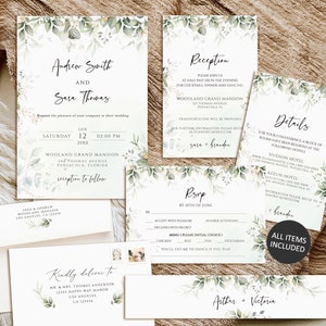 Greenery Wedding Invitation Suite, Wedding invitation set, Printable Wedding Invitation Template, Eucalyptus wedding Invite,Instant Download image 8