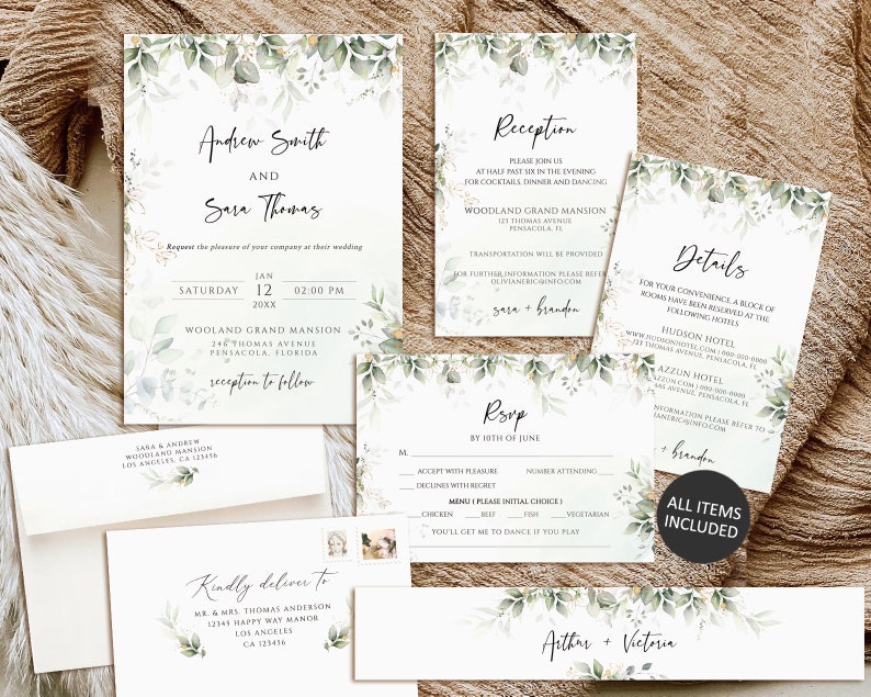 Greenery Wedding Invitation Suite, Wedding invitation set, Printable Wedding Invitation Template, Eucalyptus wedding Invite,Instant Download image 8