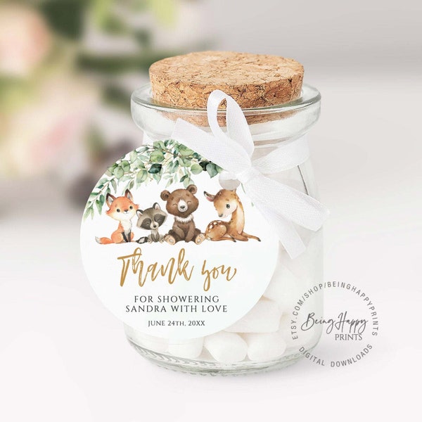 Woodland Baby Shower Favor Tags Birthday Stickers Woodland Party Favors Round Thank You Tags Editable tags Gift tags Circle Round Favor Tag