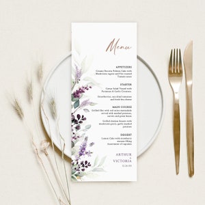 Plantilla de menú de boda, Menú de boda lavanda, Menú de boda floral moderno, Menú de boda imprimible, Plantilla de menú verde, Descarga instantánea